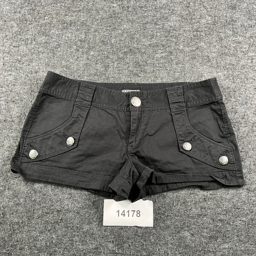 Express Shorts Womens 6 Black Cotton Stretch Flat Front Low Rise Flap Pockets